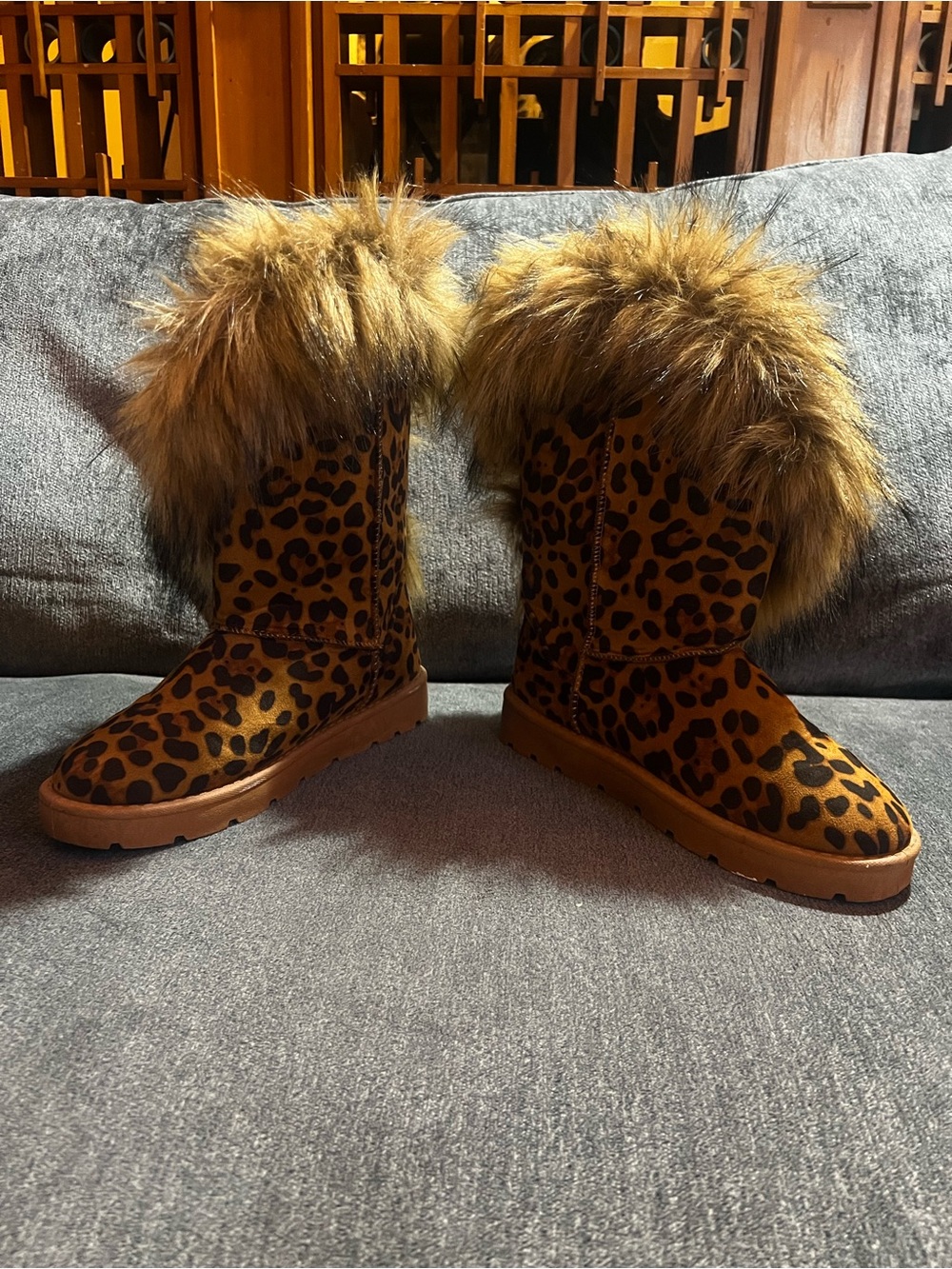 Leopard Print Faux Fur Winter Boots - Brown